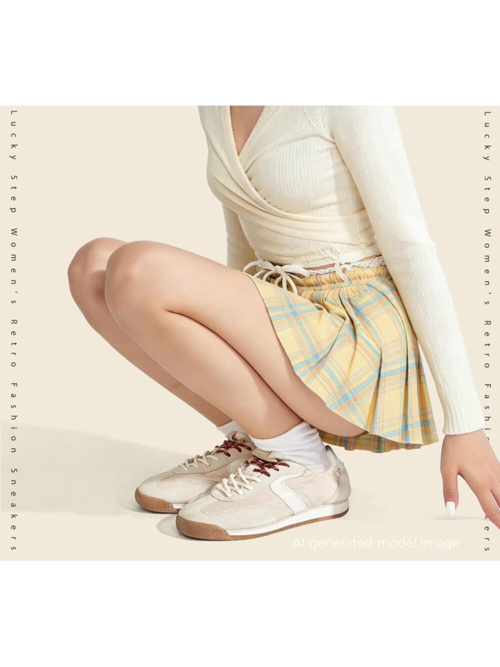 Women's Beige Comfortable Non Slip Retro Lightweight Trendy Fashion Sneakers - Picture 7 of 7